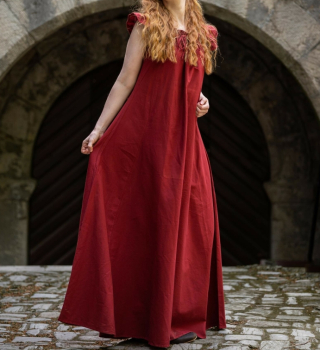 Preview: Bodenlanges Kleid mit Schulterrüsche - Clara  -  rot