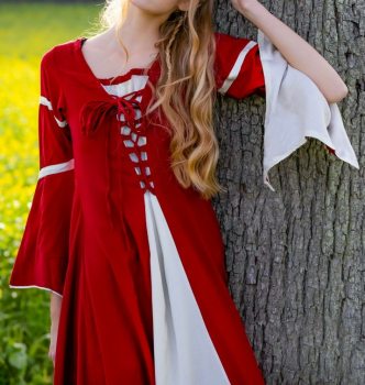 Preview: Kleid mit Trompetenärmeln "Larissa" - rot/natur