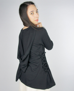 Preview: Geschnürtes Oberteil "Lea" mit Kapuze-  - schwarz