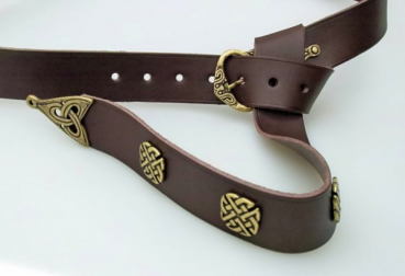 Wikinger-Gürtel mit Aufnietschnalle, Riemenspitze und Ziernieten - braun/silber