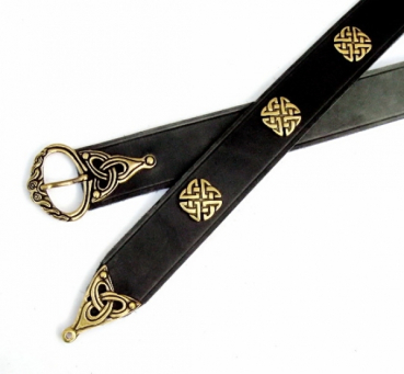 Wikinger-Gürtel mit Aufnietschnalle, Riemenspitze und Ziernieten -  schwarz/messing