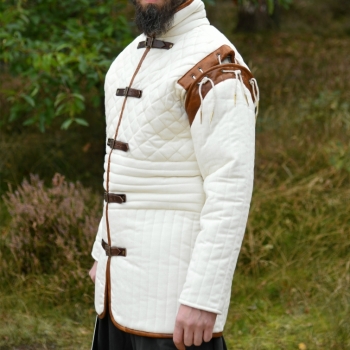 Preview: Langer Gambeson mit abnehmbaren Ärmeln und Leder -  natur-braun
