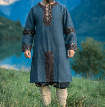 Wikinger Tunika "Leif" mit Lederapplikationen -  blau