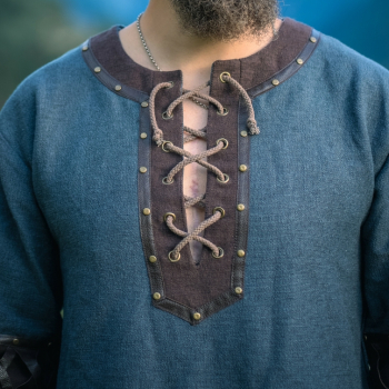 Preview: Wikinger Tunika "Leif" mit Lederapplikationen -  blau