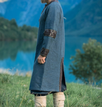 Preview: Wikinger Tunika "Leif" mit Lederapplikationen -  blau