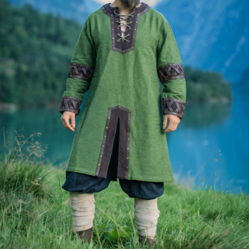 Wikinger Tunika "Leif" mit Lederapplikationen  -  grün