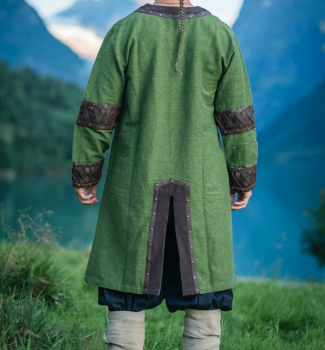 Preview: Wikinger Tunika "Leif" mit Lederapplikationen  -  grün