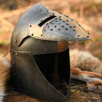 Preview: Topfhelm mit klappbarem Visier -  1,6 mm Stahl -  Antikfinish