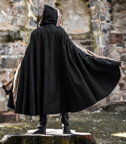 Wikinger Umhang "Fjell" mit Kunstfell -  schwarz
