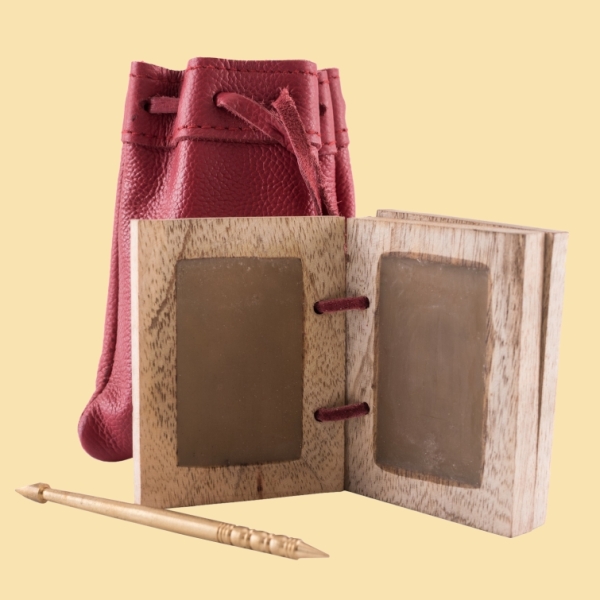 Holz-Wachsbuch mit Messing Stylus und Lederbeutel